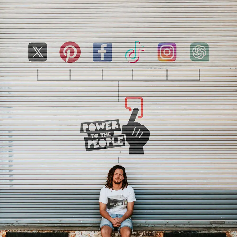 Man in front of garage port with social media icons and Power to the people imposed